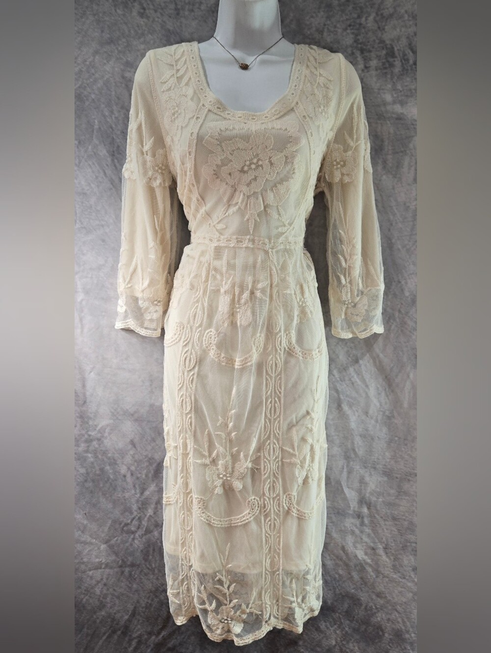 Roolee Cream Embroidered Lace Midi Dress